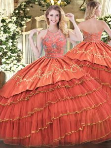 Sleeveless Floor Length Beading and Embroidery and Ruffles Zipper Quinceanera Dress with Rust Red