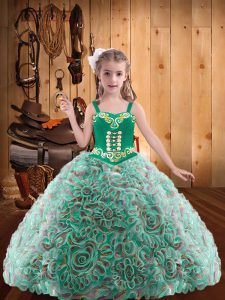 Beautiful Multi-color Lace Up Straps Embroidery and Ruffles Pageant Dress Toddler Fabric With Rolling Flowers Sleeveless