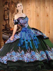 Elegant Ball Gowns Sweet 16 Quinceanera Dress Black Off The Shoulder Organza Short Sleeves Floor Length Lace Up