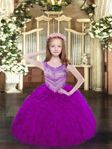 Fuchsia Kids Pageant Dress Party and Quinceanera with Beading and Ruffles Scoop Sleeveless Lace Up