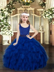 Sleeveless Organza Floor Length Zipper Pageant Dress for Teens in Royal Blue with Beading and Ruffles
