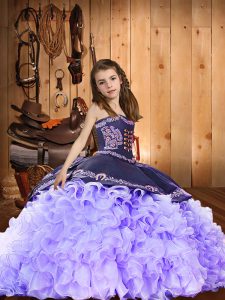 High Quality Lavender Straps Neckline Embroidery and Ruffles Pageant Dress for Womens Sleeveless Lace Up