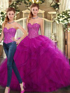 High Class Fuchsia Two Pieces Beading and Ruffles Sweet 16 Dresses Lace Up Organza Sleeveless Floor Length