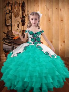 Beauteous Turquoise Ball Gowns Embroidery and Ruffled Layers Pageant Dress for Teens Lace Up Organza Sleeveless Floor Le
