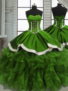 Green Sleeveless Beading and Ruffles and Ruching Floor Length Sweet 16 Dresses