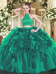 Amazing Turquoise Backless Halter Top Beading and Ruffles Vestidos de Quinceanera Organza Sleeveless