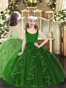 Dark Green Zipper Pageant Dresses Beading and Ruffles Sleeveless Floor Length