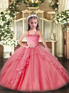 Watermelon Red Custom Made Pageant Dress Party and Quinceanera with Appliques and Ruffles Straps Sleeveless Lace Up
