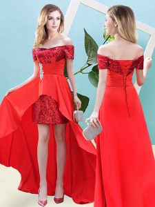Custom Made High Low Red Prom Gown Elastic Woven Satin and Sequined Short Sleeves Beading