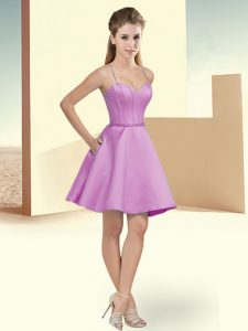 Lilac A-line Satin Spaghetti Straps Sleeveless Beading Mini Length Clasp Handle Dama Dress for Quinceanera