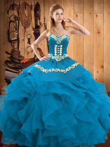 Admirable Teal Sleeveless Embroidery and Ruffles Floor Length 15th Birthday Dress