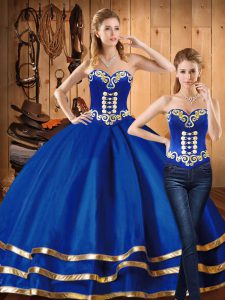 Sweetheart Sleeveless Quinceanera Dress Floor Length Embroidery Blue Satin and Tulle