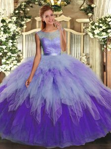 Multi-color Backless Scoop Lace and Ruffles Quinceanera Gowns Tulle Sleeveless