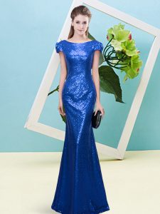 Scoop Cap Sleeves Homecoming Dress Floor Length Sequins Royal Blue Sequined