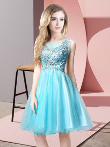 A-line Prom Party Dress Aqua Blue Scoop Tulle Sleeveless Knee Length Zipper