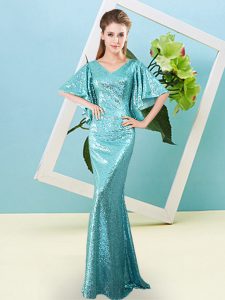 Stunning Aqua Blue V-neck Neckline Sequins Homecoming Dress Half Sleeves Zipper