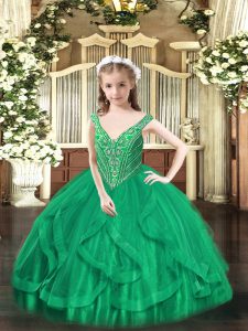 Turquoise Lace Up Pageant Gowns Beading and Ruffles Sleeveless Floor Length