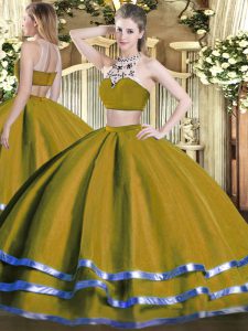 Colorful Two Pieces 15th Birthday Dress Olive Green High-neck Tulle Sleeveless Floor Length Backless