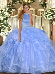 Discount Blue Backless Halter Top Beading and Ruffles Quinceanera Dress Organza Sleeveless