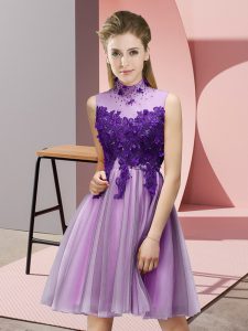 Charming Lilac Dama Dress for Quinceanera Prom and Party and Wedding Party with Appliques High-neck Sleeveless Lace Up