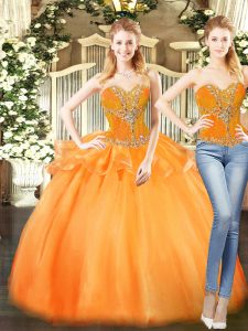 Sumptuous Sweetheart Sleeveless Quinceanera Gown Floor Length Beading and Ruffles Orange Red Organza