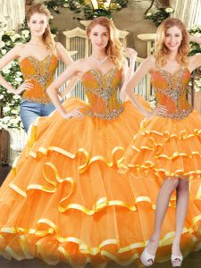 Customized Floor Length Lace Up 15 Quinceanera Dress Orange Red for Military Ball and Sweet 16 and Quinceanera with Bead