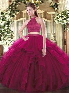 Luxury Floor Length Backless Ball Gown Prom Dress Fuchsia for Military Ball and Sweet 16 and Quinceanera with Beading an