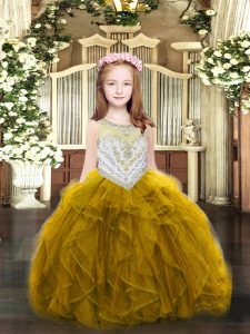Pretty Gold Zipper Little Girl Pageant Dress Beading and Ruffles Sleeveless Floor Length