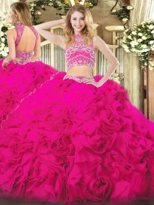 Wonderful Hot Pink Backless High-neck Beading and Ruffles Quinceanera Dresses Tulle Sleeveless