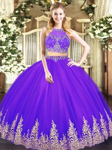 Fabulous Floor Length Zipper Quinceanera Dresses Purple for Military Ball and Sweet 16 with Beading and Appliques