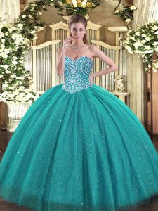 Unique Turquoise Sweet 16 Dresses Military Ball and Sweet 16 and Quinceanera with Beading Sweetheart Sleeveless Lace Up