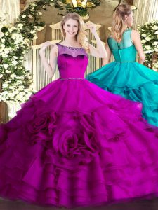 Top Selling Fuchsia 15 Quinceanera Dress Sweet 16 and Quinceanera with Beading and Ruffled Layers Scoop Sleeveless Zippe