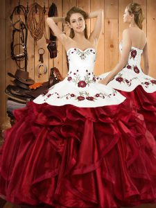 High End Wine Red Ball Gowns Organza Sweetheart Sleeveless Embroidery and Ruffles Floor Length Lace Up Sweet 16 Quincean