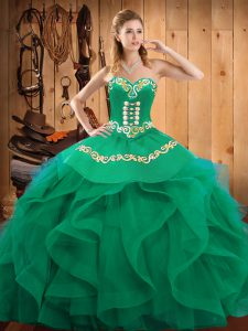 Smart Floor Length Turquoise Quince Ball Gowns Organza Sleeveless Embroidery and Ruffles