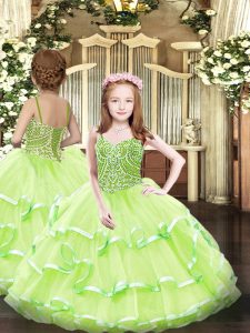 High Class Floor Length Yellow Green Little Girls Pageant Dress Straps Sleeveless Lace Up