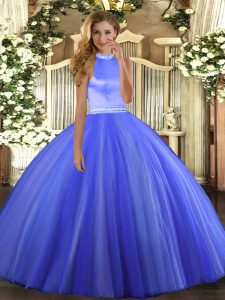 Low Price Floor Length Blue Sweet 16 Dresses Halter Top Sleeveless Backless