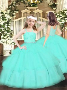 Superior Apple Green Zipper Straps Beading and Lace and Ruffled Layers Pageant Dress for Girls Organza Sleeveless