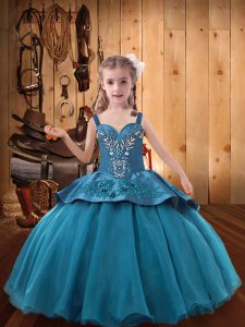 Customized Ball Gowns Girls Pageant Dresses Teal Straps Taffeta and Tulle Sleeveless Floor Length Lace Up
