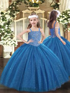 Nice Floor Length Blue Little Girls Pageant Dress Wholesale Straps Sleeveless Lace Up