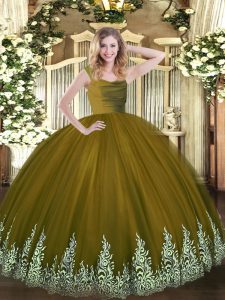 Olive Green Sweet 16 Dress Sweet 16 and Quinceanera with Beading and Appliques Straps Sleeveless Zipper