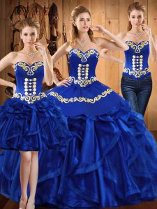High Quality Royal Blue Lace Up Sweetheart Embroidery and Ruffles Quinceanera Gowns Organza Sleeveless