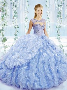 Blue Ball Gowns Beading and Ruffles and Pick Ups Sweet 16 Dresses Lace Up Organza Sleeveless