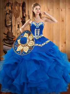 Popular Blue Sweetheart Neckline Embroidery and Ruffles Vestidos de Quinceanera Sleeveless Lace Up