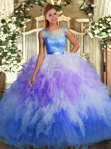 Multi-color Ball Gowns Lace and Ruffles Sweet 16 Quinceanera Dress Backless Tulle Sleeveless Floor Length