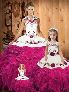 Most Popular Fuchsia Ball Gowns Embroidery and Ruffles 15 Quinceanera Dress Lace Up Tulle Sleeveless Floor Length