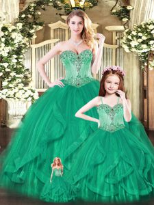 Dramatic Beading and Ruffles Sweet 16 Dresses Green Lace Up Sleeveless Floor Length