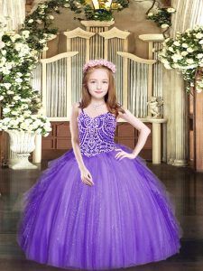 Lavender Spaghetti Straps Neckline Beading and Ruffles Little Girl Pageant Gowns Sleeveless Lace Up