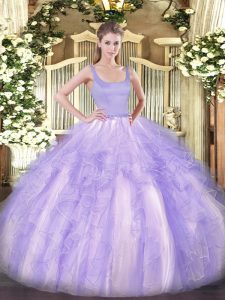 Floor Length Lavender Sweet 16 Quinceanera Dress Tulle Sleeveless Beading and Ruffles