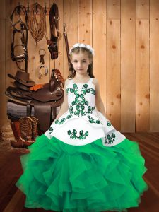 Straps Sleeveless Little Girls Pageant Dress Wholesale Floor Length Embroidery and Ruffles Turquoise Organza