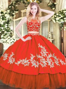 Dramatic Red Zipper Scoop Beading and Appliques Sweet 16 Dress Tulle Sleeveless